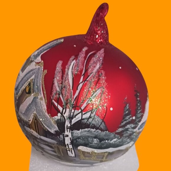 Hand-Painted Glass Christmas Ornament With Winter Village Scene & Glitter - Picture 4 of 6